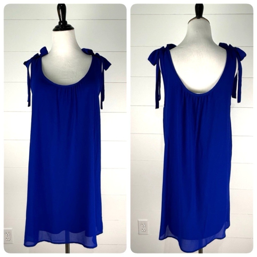 Entro Sun Dress Women L 12 14 Royal Blue Bow Ruffle Shoulder Sleeveless Party